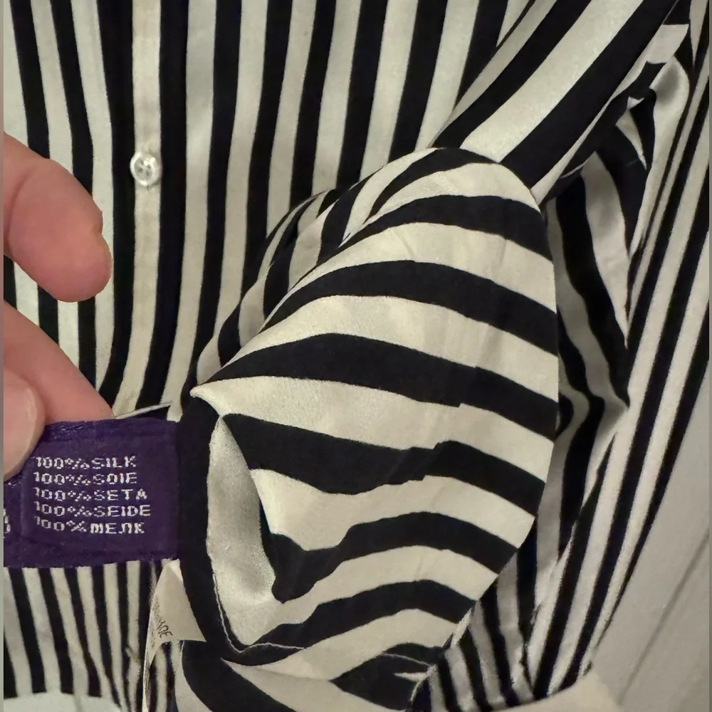 Black and White Striped Button-Up Shirt 100% Silk Shirt - Picture 4 of 4